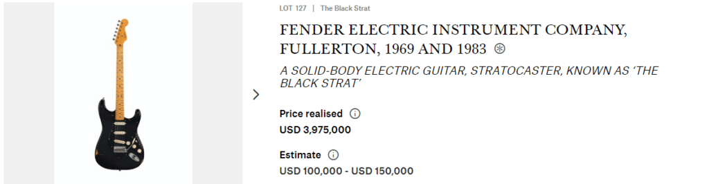 FENDER ELECTRIC INSTRUMENT COMPANY FULLERTON 1969 AND 1983 A SOLID BODY ELECTRIC GUITAR STRATOCASTER KNOWN AS ‘THE BLACK STRAT’ 20th Century solid body Christies | GIAMPAOLO NOTO