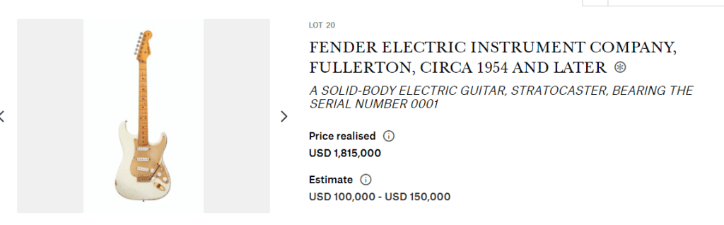 FENDER ELECTRIC INSTRUMENT COMPANY FULLERTON CIRCA 1954 AND LATER A SOLID BODY ELECTRIC GUITAR STRATOCASTER BEARING THE SERIAL NUMBER 0001 20th Century solid body Christies | GIAMPAOLO NOTO